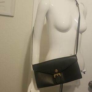 Anne Klein black leather purse with gold lion head, EUC